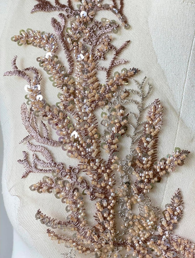 JRYYR Beaded Lace Applique, Flower Sequin Patch,Champagne Applique for DIY Neckline Wedding Bridal Prom Dresses Costumes 14.1x4.9 inches 1 Pair (Champagne) - Image 5